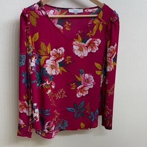 LOFT Vibrant Floral V-Neck Blouse - Magenta